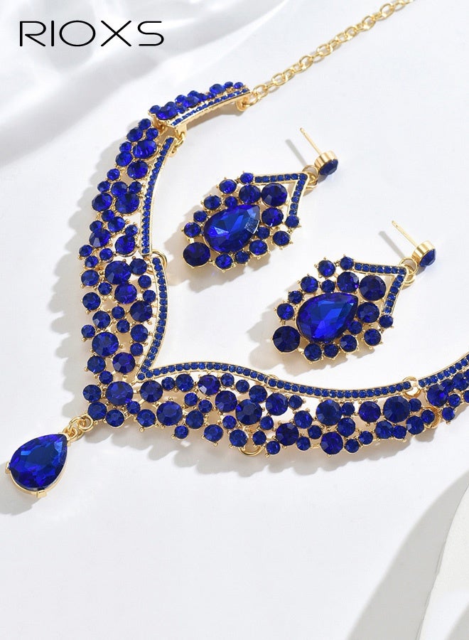 RIOXS Wedding Bridal Jewelry Set, Beaded Necklace and Earring Set with Rhinestone Chains, Clear Stones, Vintage Fashion Jewelry Accessories for Women - Image 2