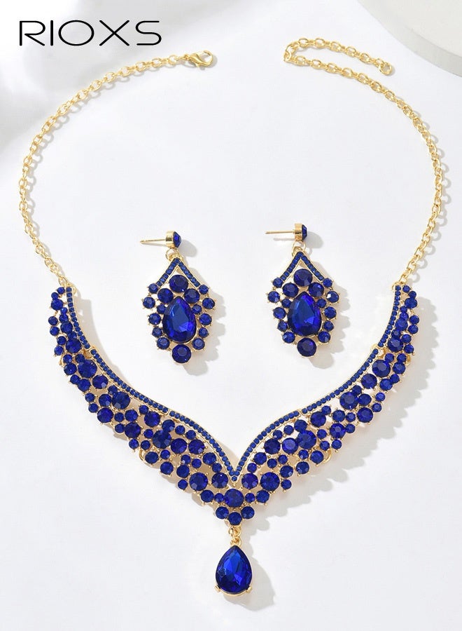 RIOXS Wedding Bridal Jewelry Set, Beaded Necklace and Earring Set with Rhinestone Chains, Clear Stones, Vintage Fashion Jewelry Accessories for Women - Image 1