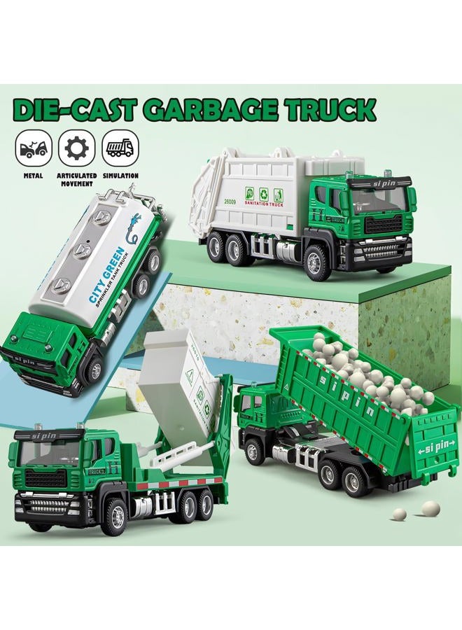 TAKGUD 4 Packs Die-cast Mini Garbage Truck Toy, Metal Trash Truck Vehicles Set for Kids, Friction Powered Recycling Truck, Tankers, Alloy Dump Truck Model Toy for Toddlers Boys - Image 3