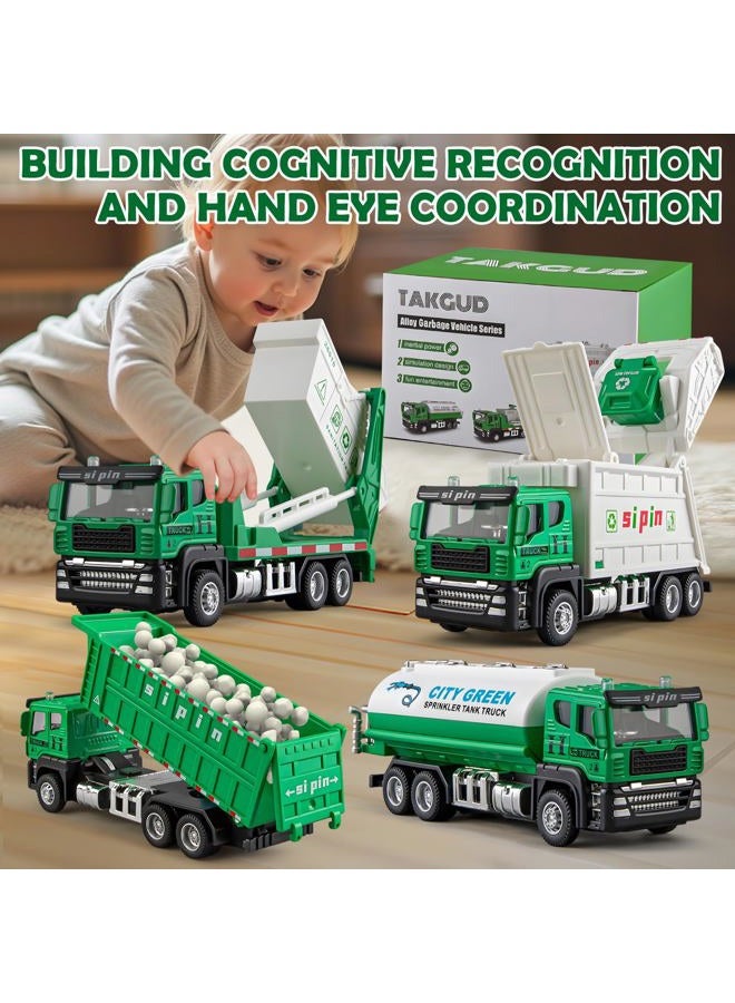 TAKGUD 4 Packs Die-cast Mini Garbage Truck Toy, Metal Trash Truck Vehicles Set for Kids, Friction Powered Recycling Truck, Tankers, Alloy Dump Truck Model Toy for Toddlers Boys - Image 2