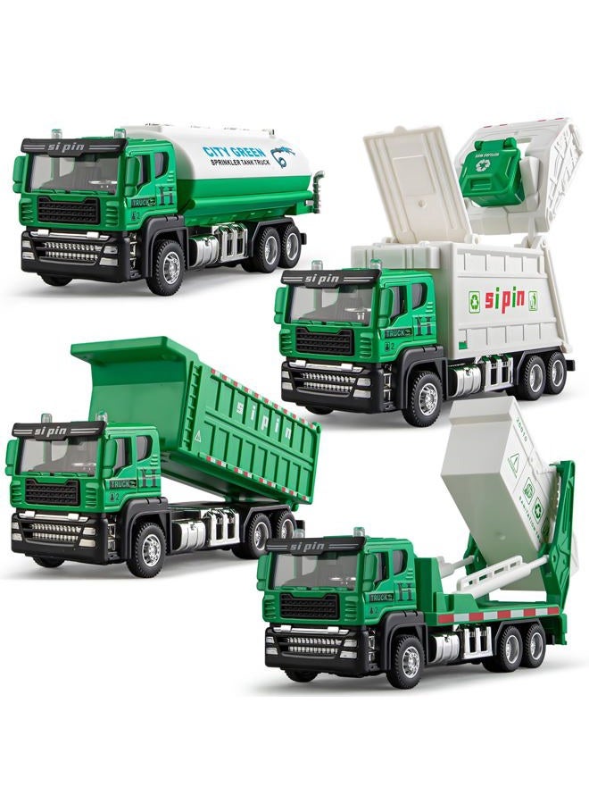 TAKGUD 4 Packs Die-cast Mini Garbage Truck Toy, Metal Trash Truck Vehicles Set for Kids, Friction Powered Recycling Truck, Tankers, Alloy Dump Truck Model Toy for Toddlers Boys - Image 1