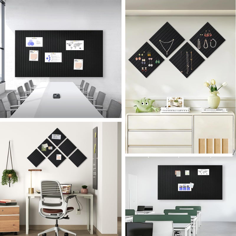 AkuDecor Large Cork Board for Office, 8 Pack Felt Wall Tiles with Slat Wall Paneling and Safe Removable Adhesive Tabs, Felt Bulletin Board Pin Board Cork Boards for Walls - Black - Image 5