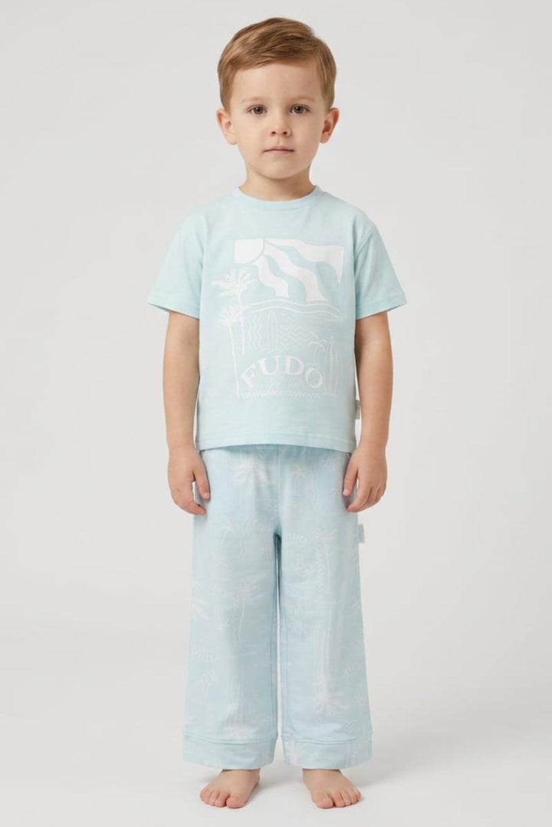 Fudo Lounge By Fudo Toddlers Boy 2 Pieces Embroidered T-Shirt And Pyjama Set, Light Blue - Image 1