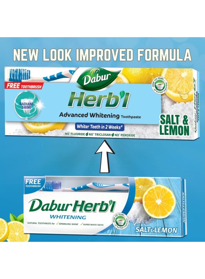 دابر معجون أسنان دابر بالأعشاب لتبييض الأسنان الطبيعي (2 × 150 غرام + فرشاة أسنان) | غني بالملح والليمون | لأسنان لامعة ناصعة البياض | عبوة اقتصادية - Image 2