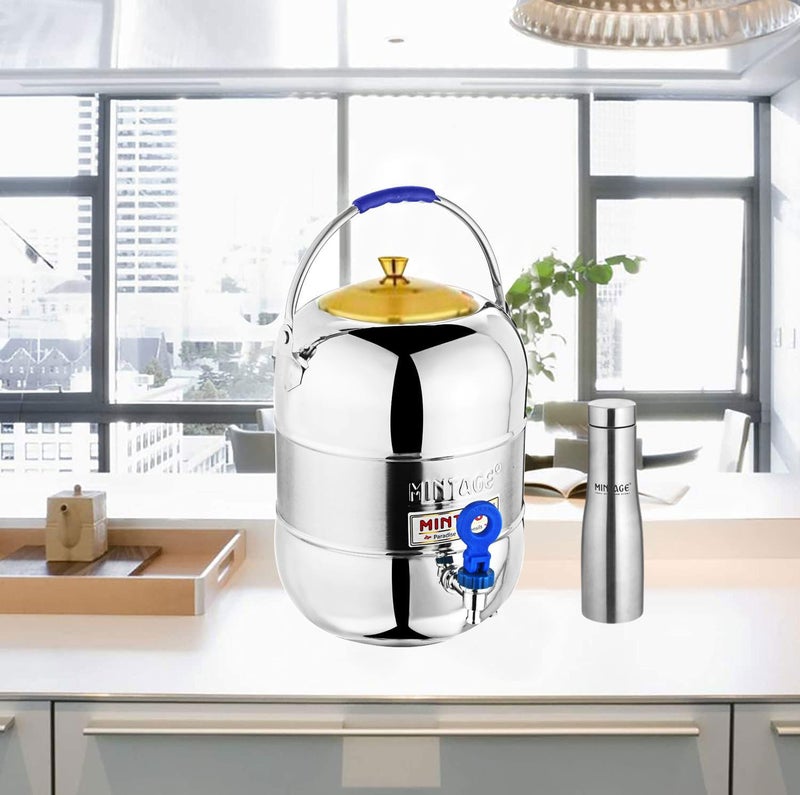 Mintage Steel Water Pot 10 Liters + Free Bottle 1 Liter | Matka for Storage | Drinking Water Dispenser Container, Silver - Image 5