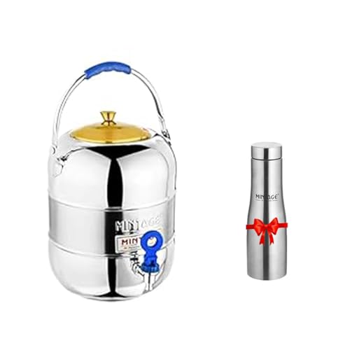 Mintage Steel Water Pot 10 Liters + Free Bottle 1 Liter | Matka for Storage | Drinking Water Dispenser Container, Silver - Image 1