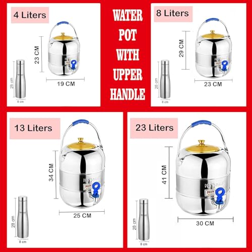 Mintage Steel Water Pot 10 Liters + Free Bottle 1 Liter | Matka for Storage | Drinking Water Dispenser Container, Silver - Image 2