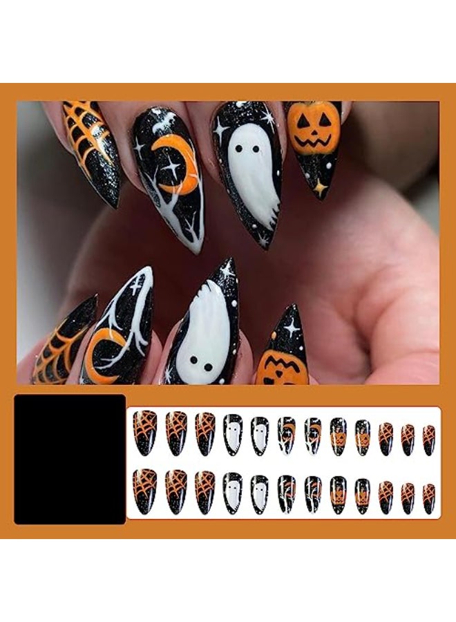 GRITOSE 24 Pcs Halloween Press on Nails Almond Medium Fake Nails Halloween False Nails with Ghost Pumpkin Design Fall Almond Nails Press ons Full Cover Reusable Stick on Nail for Women - Image 3