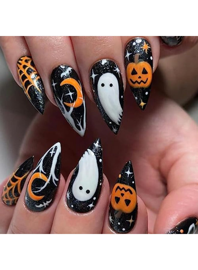 GRITOSE 24 Pcs Halloween Press on Nails Almond Medium Fake Nails Halloween False Nails with Ghost Pumpkin Design Fall Almond Nails Press ons Full Cover Reusable Stick on Nail for Women - Image 1