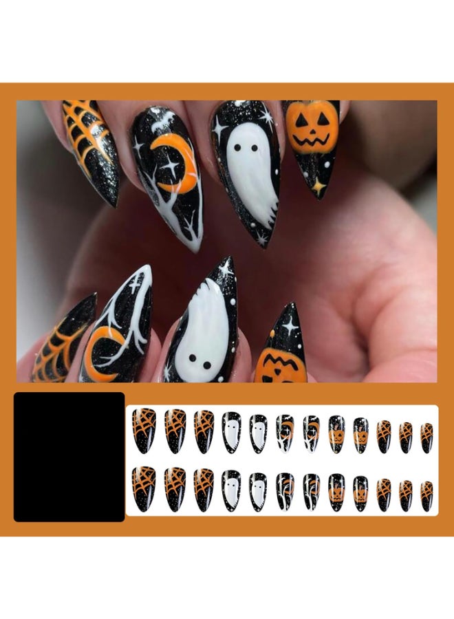 GRITOSE 24 Pcs Halloween Press on Nails Almond Medium Fake Nails Halloween False Nails with Ghost Pumpkin Design Fall Almond Nails Press ons Full Cover Reusable Stick on Nail for Women - Image 4