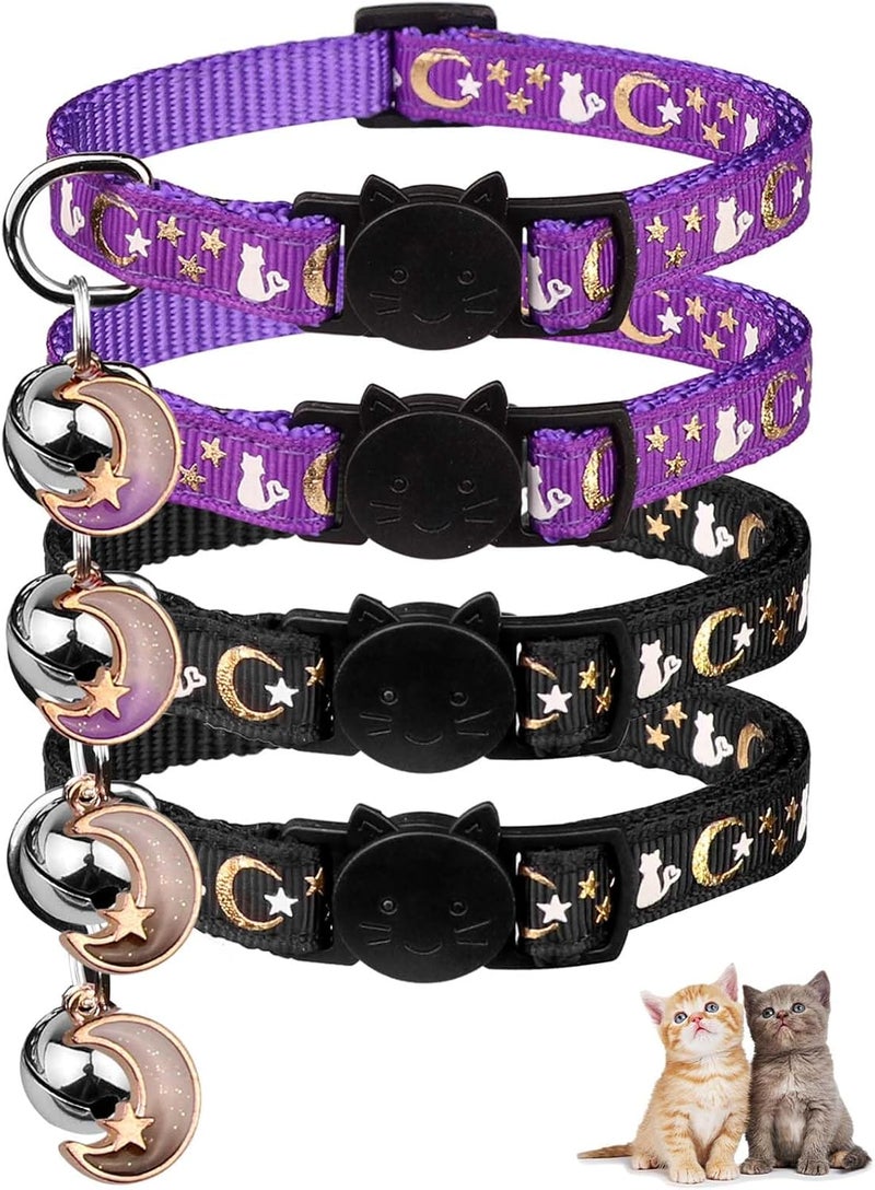 Baeuppit 4PCS Cat Collar with Bells,Breakaway Cat Collars,Kitten Collar with Bell Moons Stars Cute Kitty Safe Kitten Collars with Pendant,Cat Collars for Boy Cats 6.9-10.7 Inch(2 Black & 2 Purple) - Image 1