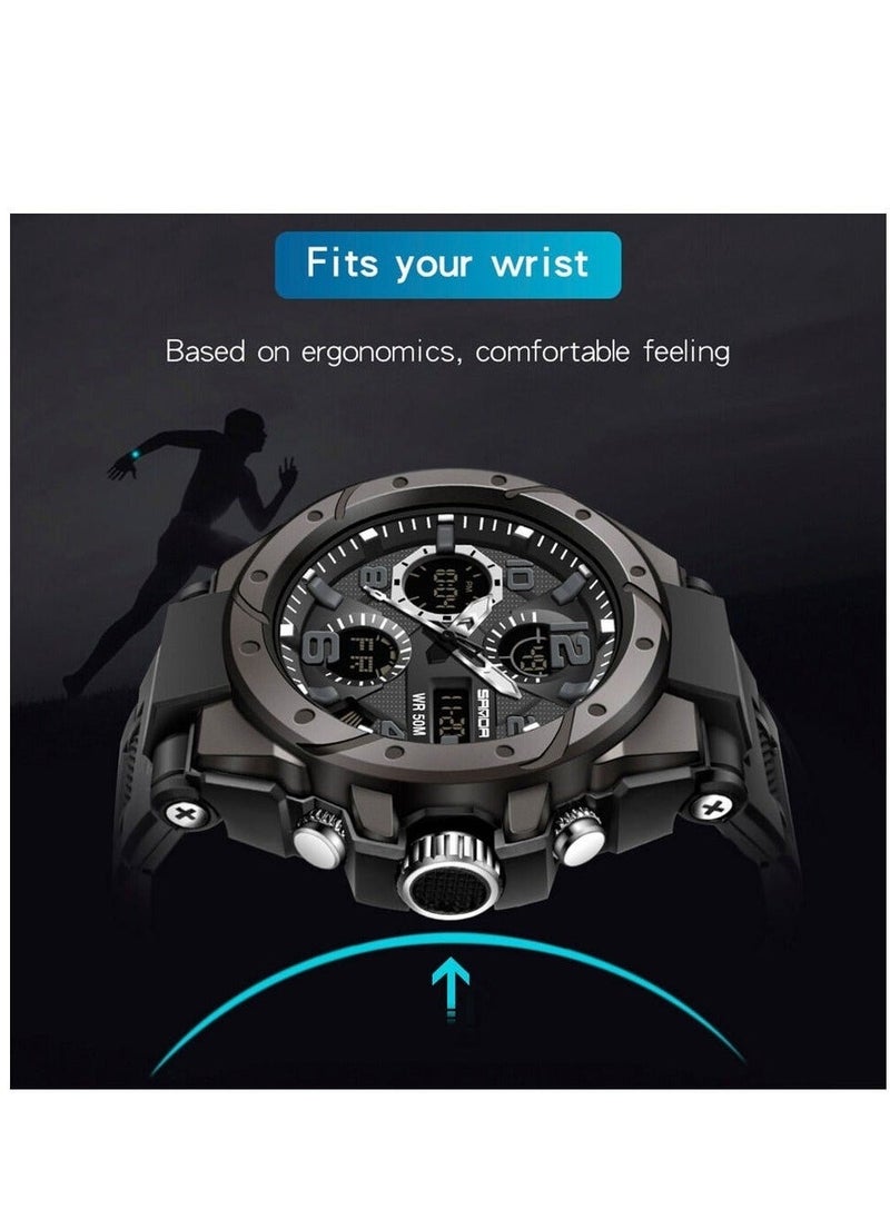 Sanda Watches for Men Quartz Water Resistant Sports Watch 52mm 6088 Black With Gift Box - Image 4