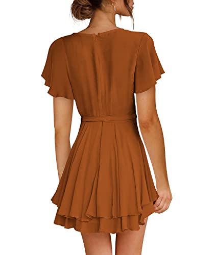 Cosonsen Womens Party Dress Short Sleeve Deep V-Neck Tie Waist Mini Dresses Brown S - Image 3