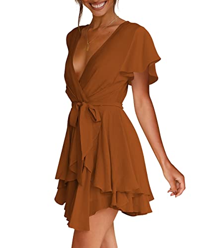 Cosonsen Womens Party Dress Short Sleeve Deep V-Neck Tie Waist Mini Dresses Brown S - Image 4