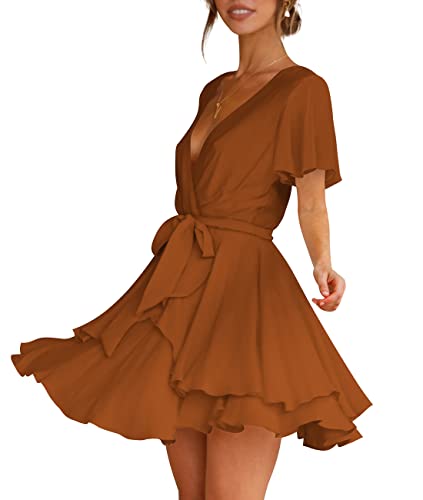 Cosonsen Womens Party Dress Short Sleeve Deep V-Neck Tie Waist Mini Dresses Brown S - Image 2
