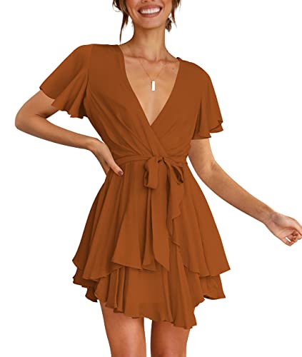 Cosonsen Womens Party Dress Short Sleeve Deep V-Neck Tie Waist Mini Dresses Brown S - Image 5