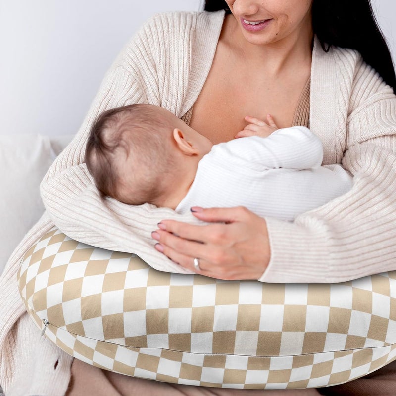 DILIMI Nursing Pillow Cover Stretchy Removable Case for Breastfeeding Pillows Ultra Soft Comfortable Slipcover for Baby Girl and Boy Light Brown Checkerboard - Image 5