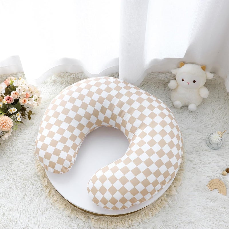 DILIMI Nursing Pillow Cover Stretchy Removable Case for Breastfeeding Pillows Ultra Soft Comfortable Slipcover for Baby Girl and Boy Light Brown Checkerboard - Image 4