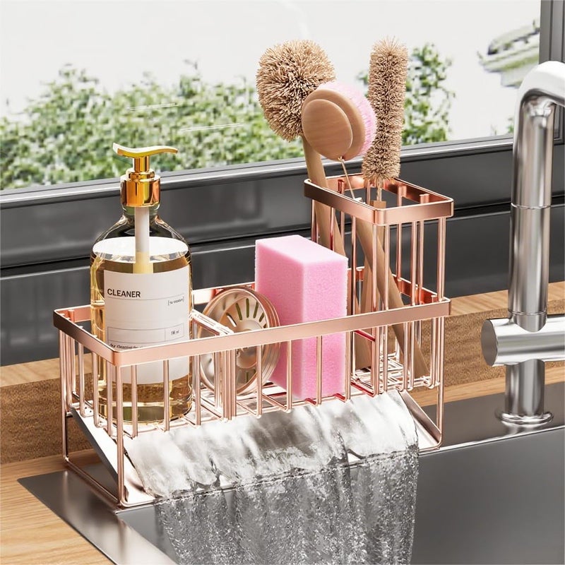 Cisily Sink Caddy Organzier with High Brush Holder Sponge Holder for Sink 304 Rustproof Stainless Kitchen Countertop Soap Dispenser Organizer Rose Gold Kitchen Decor and Accessories - Image 2