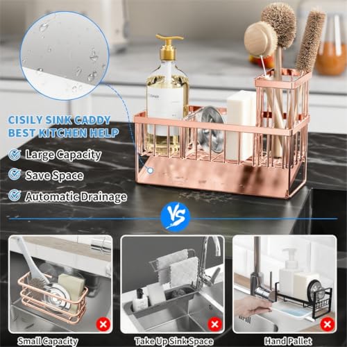 Cisily Sink Caddy Organzier with High Brush Holder Sponge Holder for Sink 304 Rustproof Stainless Kitchen Countertop Soap Dispenser Organizer Rose Gold Kitchen Decor and Accessories - Image 3
