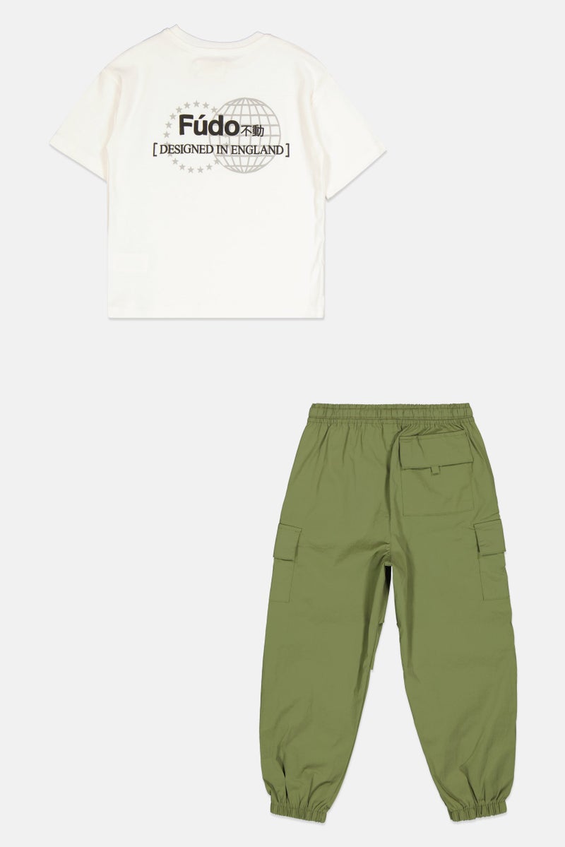 Fudo Kids Boy 2 Pcs Brand Logo T-Shirt And Cargo Pants Set, Multicolor  - Image 2