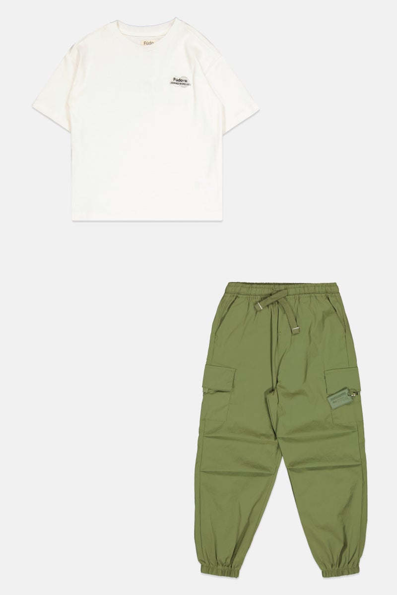 Fudo Kids Boy 2 Pcs Brand Logo T-Shirt And Cargo Pants Set, Multicolor  - Image 1