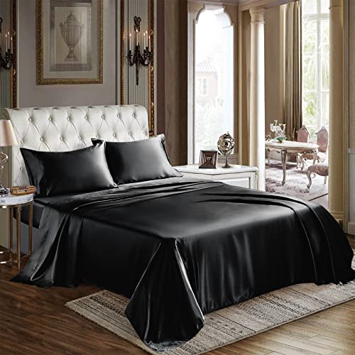 CozyLux Satin Sheets Full Size Sheets - 4 Piece Silky Full Size Bed Sheets, Luxury Black Bed Set with Smooth and Soft Microfiber, Includes 1 Fitted Sheet, 1 Flat Sheet and 2 Pillowcases - Image 1