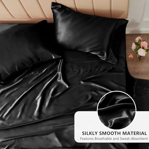CozyLux Satin Sheets Full Size Sheets - 4 Piece Silky Full Size Bed Sheets, Luxury Black Bed Set with Smooth and Soft Microfiber, Includes 1 Fitted Sheet, 1 Flat Sheet and 2 Pillowcases - Image 3