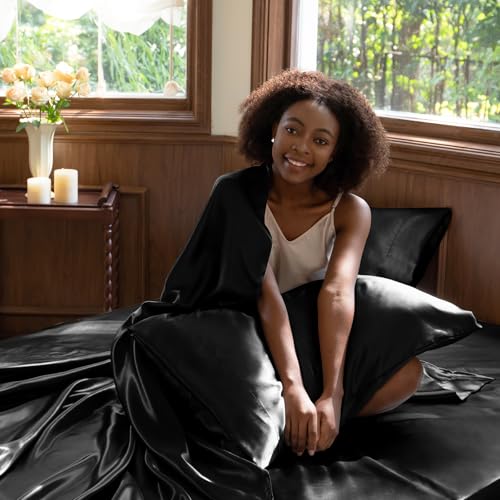 CozyLux Satin Sheets Full Size Sheets - 4 Piece Silky Full Size Bed Sheets, Luxury Black Bed Set with Smooth and Soft Microfiber, Includes 1 Fitted Sheet, 1 Flat Sheet and 2 Pillowcases - Image 5