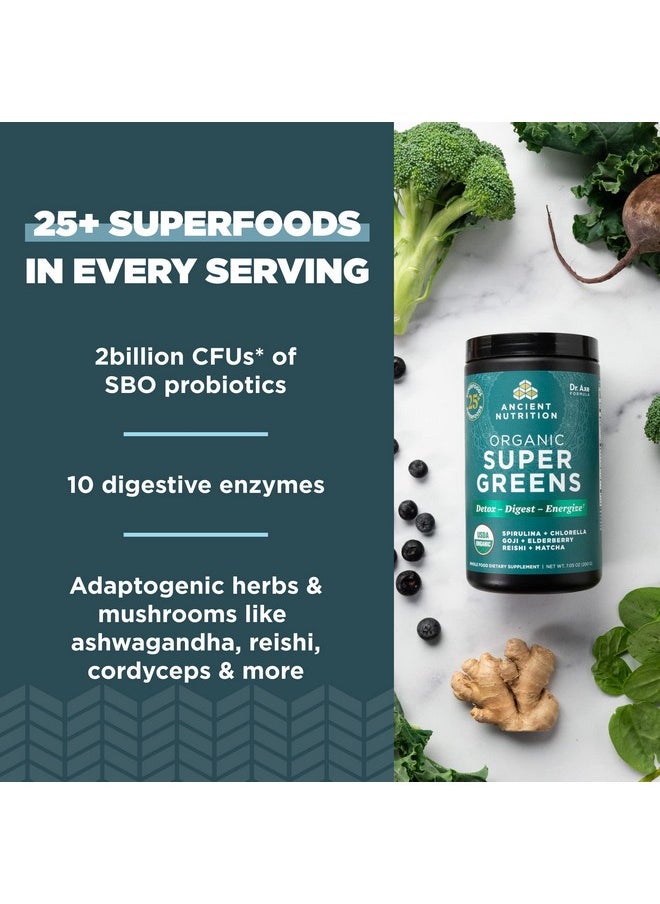 Ancient Nutrition - Super Greens Powder by Ancient Nutrition, Organic Superfood Powder with Probiotics Made with Spirulina, Chlorella, Matcha, and Digestive Enzymes, 25 Servings, 7.5oz - Image 1
