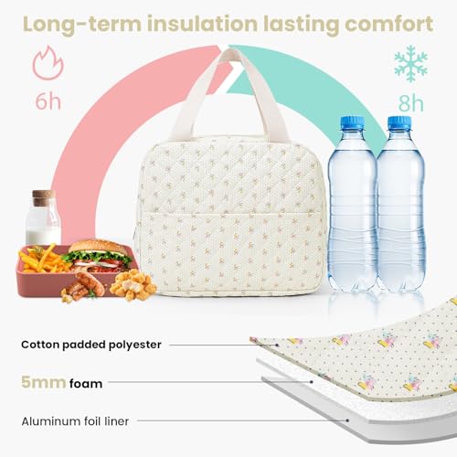 BBIQI Cute Lunch Box for Women Small Floral Lunch Box Quilted Lunch Tote Bag With Front Pocket Insulated Lunch Bag for Work Study - Image 3