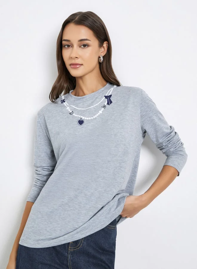 Styli Grey Necklace Graphic Print T-Shirt