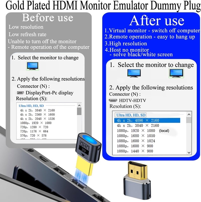 قابس عرض افتراضي بدون راس بدقة 4K HDMI من تيريفي يدعم حتى 1080P 2K 4K@60Hz UHD EDID مع ضوء LED للكمبيوتر عن بعد وانظمة الالعاب [قطعتين] - Image 4