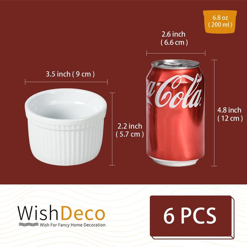 WishDeco Ramekins Set of 6, Ceramic Creme Brulee Ramekins 7 oz / 200 ml, White Dipping Sauce Dishes, Ramekin Bowls for Baking, Souffle, Custard Pudding, Cake, Oven Safe - Image 3