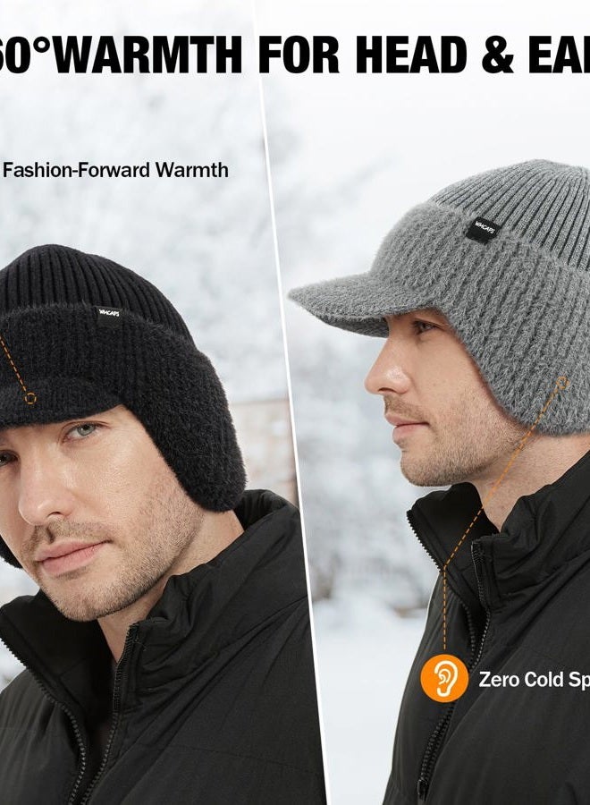Wmcaps Winter Beanie with Brim and Ear Flaps, Fleece Lined Warm Knit Hat for Men Women Outdoor Thermal Stocking Cap, Slate Grey, One size - Image 4