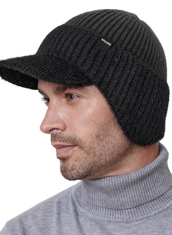 Wmcaps Winter Beanie with Brim and Ear Flaps, Fleece Lined Warm Knit Hat for Men Women Outdoor Thermal Stocking Cap, Slate Grey, One size - Image 1