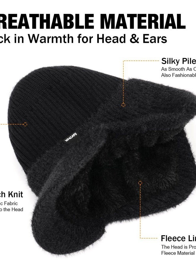Wmcaps Winter Beanie with Brim and Ear Flaps, Fleece Lined Warm Knit Hat for Men Women Outdoor Thermal Stocking Cap, Slate Grey, One size - Image 2