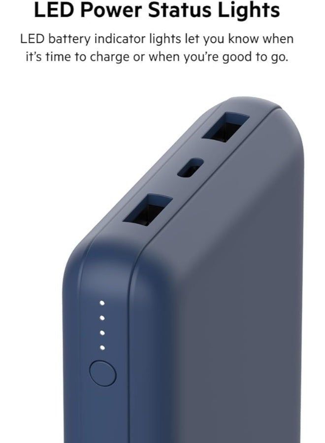 بيلكين شاحن باور بنك محمول بمنفذ USB C  بسرعة 20 ألف مللي أمبير في الساعة، منفذ إدخال وإخراج USB Type C ومنفذي USB A مع كابل USB C إلى A مضمن لأجهزة الآيفون و جالاكسي وغيرها المزيد أزرق - Image 4