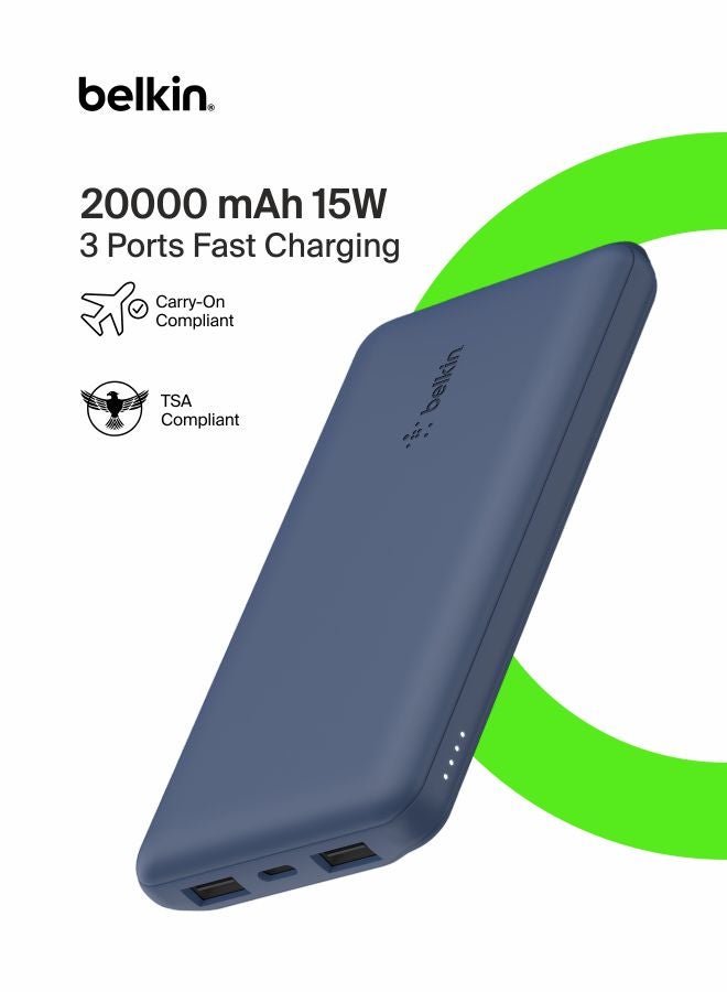 بيلكين شاحن باور بنك محمول بمنفذ USB C  بسرعة 20 ألف مللي أمبير في الساعة، منفذ إدخال وإخراج USB Type C ومنفذي USB A مع كابل USB C إلى A مضمن لأجهزة الآيفون و جالاكسي وغيرها المزيد أزرق - Image 1