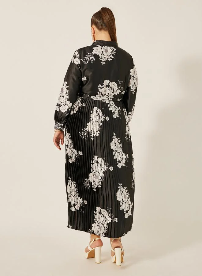 Styli Styli Plus Size Floral Print Pleated A-Line Maxi Dress
