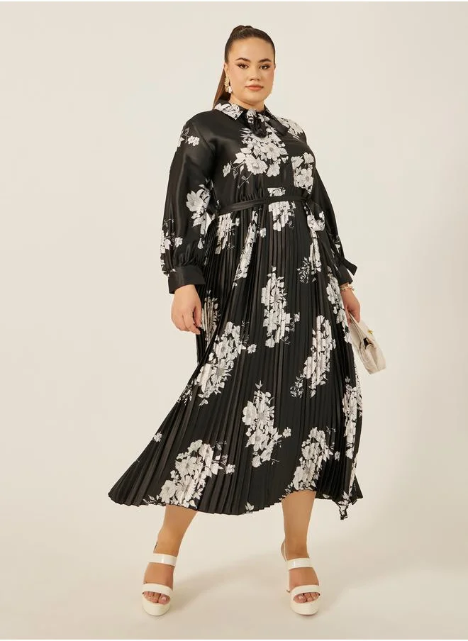 Styli Styli Plus Size Floral Print Pleated A-Line Maxi Dress