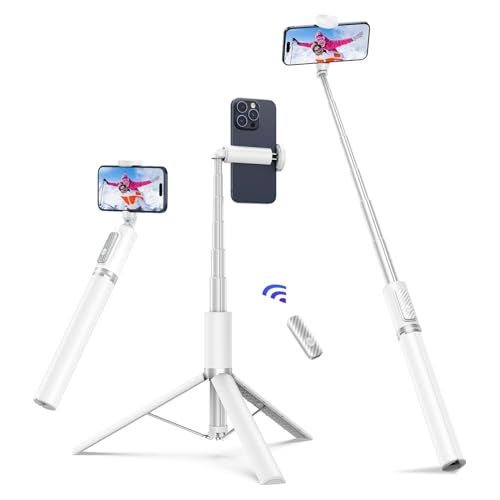 ATUMTEK 68.5" Selfie Stick Tripod, Extendable Aluminum Tripod with Rechargeable Bluetooth Remote, Compatible with iPhone and Android Smartphones, Perfect for Travel, Vlog, Video and Photo, White - Image 1