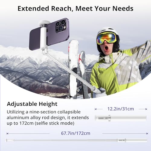 ATUMTEK 68.5" Selfie Stick Tripod, Extendable Aluminum Tripod with Rechargeable Bluetooth Remote, Compatible with iPhone and Android Smartphones, Perfect for Travel, Vlog, Video and Photo, White - Image 2