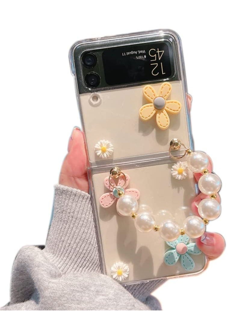 KASTWAVE Cute Case for Samsung Galaxy Z Flip 4 with Strap, Fashion Flower Case for Galaxy Z Flip 4 5G Protective Girls Case with Pearl Chain, Hard PC Case for Z Flip 4 Clear Case with Lanyard - Image 1