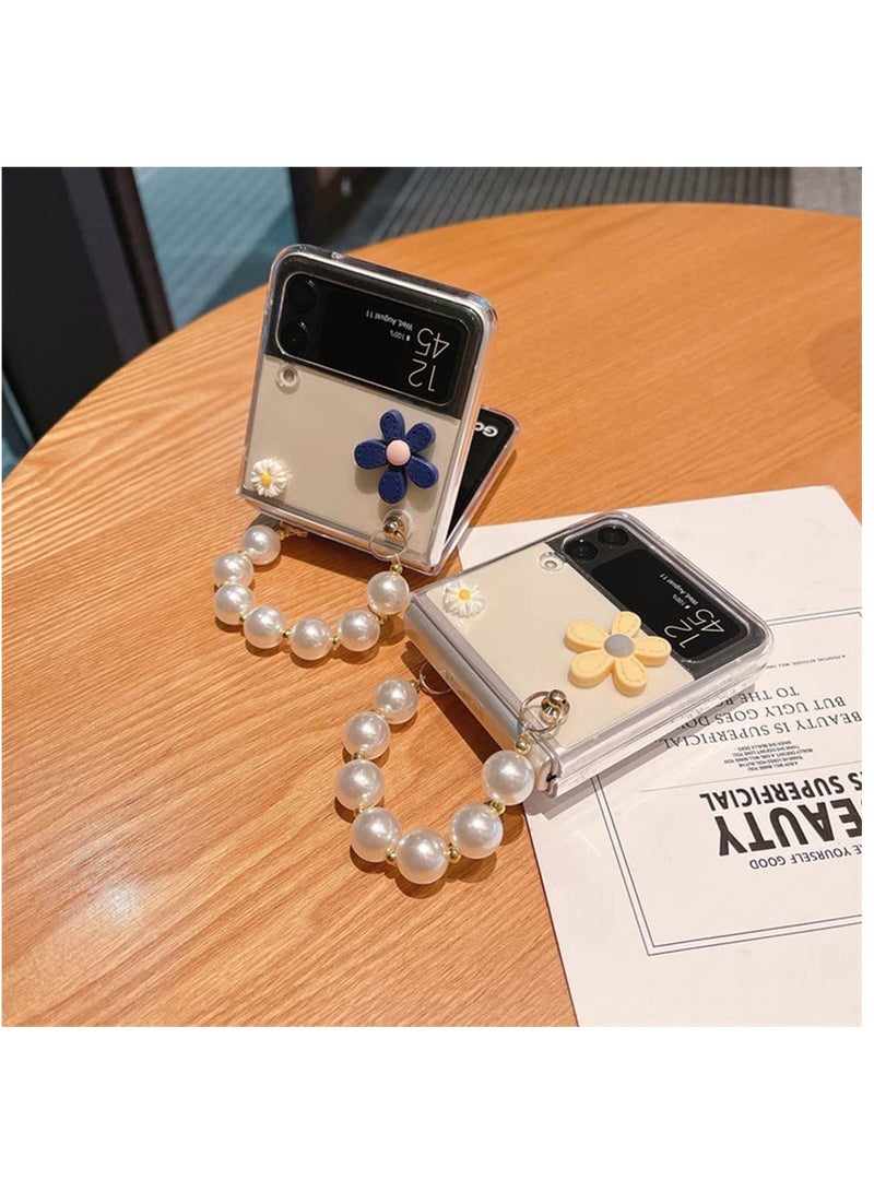 KASTWAVE Cute Case for Samsung Galaxy Z Flip 4 with Strap, Fashion Flower Case for Galaxy Z Flip 4 5G Protective Girls Case with Pearl Chain, Hard PC Case for Z Flip 4 Clear Case with Lanyard - Image 4