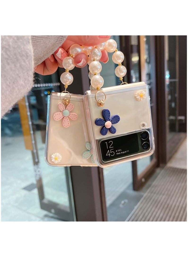KASTWAVE Cute Case for Samsung Galaxy Z Flip 4 with Strap, Fashion Flower Case for Galaxy Z Flip 4 5G Protective Girls Case with Pearl Chain, Hard PC Case for Z Flip 4 Clear Case with Lanyard - Image 5