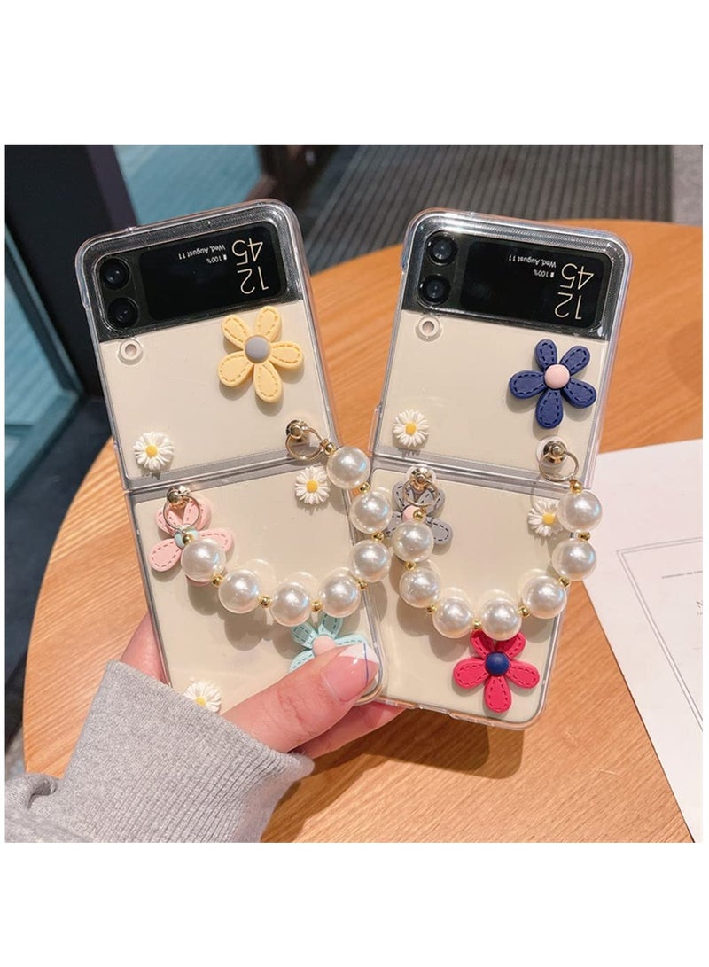 KASTWAVE Cute Case for Samsung Galaxy Z Flip 4 with Strap, Fashion Flower Case for Galaxy Z Flip 4 5G Protective Girls Case with Pearl Chain, Hard PC Case for Z Flip 4 Clear Case with Lanyard - Image 2