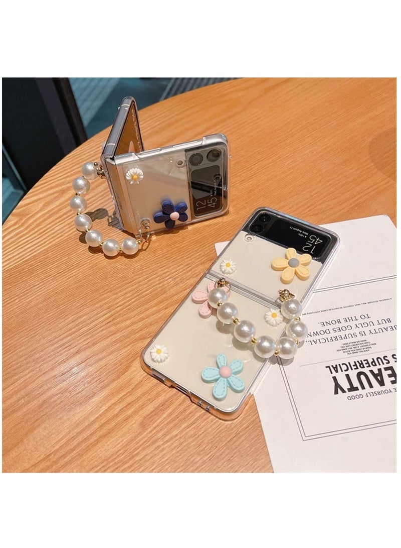 KASTWAVE Cute Case for Samsung Galaxy Z Flip 4 with Strap, Fashion Flower Case for Galaxy Z Flip 4 5G Protective Girls Case with Pearl Chain, Hard PC Case for Z Flip 4 Clear Case with Lanyard - Image 3