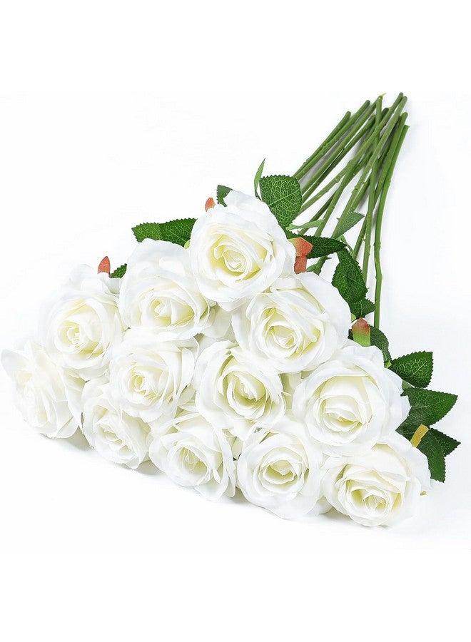 Caffox 12PCS White Artificial Rose Flowers Fake Velvet Silk Flower Roses Bouquet for Home Decor Wedding Party Table Centerpieces - Image 1