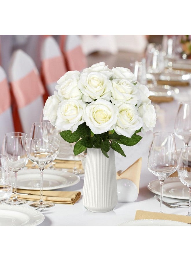 Caffox 12PCS White Artificial Rose Flowers Fake Velvet Silk Flower Roses Bouquet for Home Decor Wedding Party Table Centerpieces - Image 2